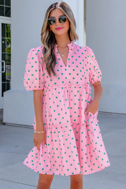 Polka Dot V-Neck Short Sleeve Tiered Mini Dress