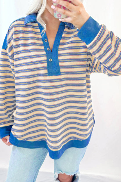 Stripe Buttoned V-Neck Collared Top