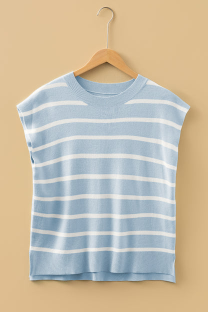 Stripe Side Slit Short Sleeve Sweater Tee