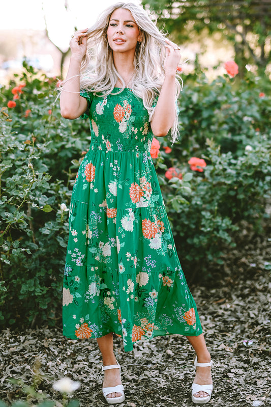 Floral Bubble Sleeve Smocked Tiered Midi Dress