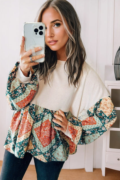 Paisley Geometric Patchwork Long Sleeve Top