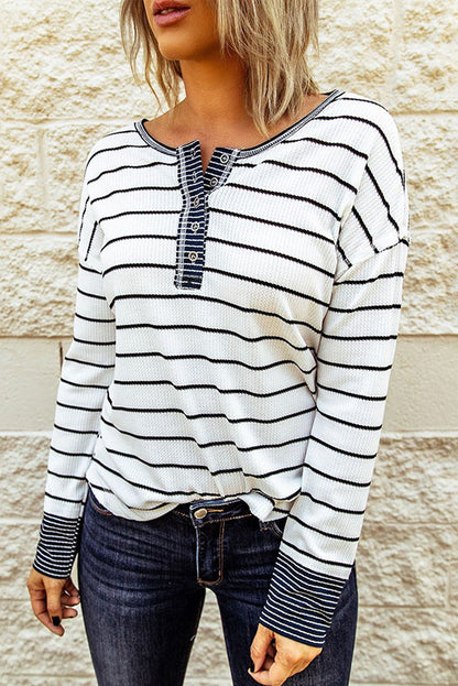 Stripe Waffle Buttoned Henley Shirt