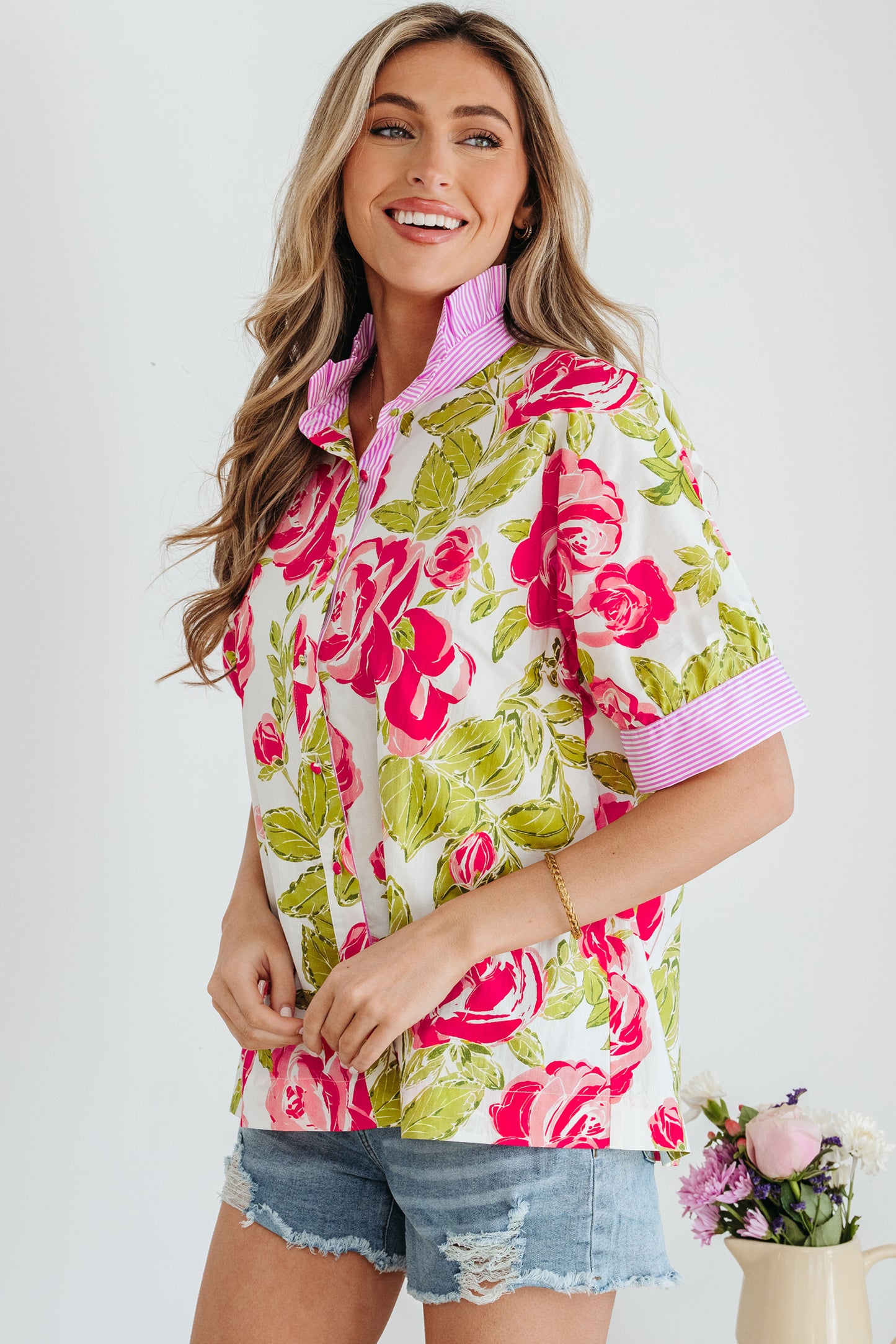 Floral Stripe Trim Frilled Collar Short Sleeve Shirt