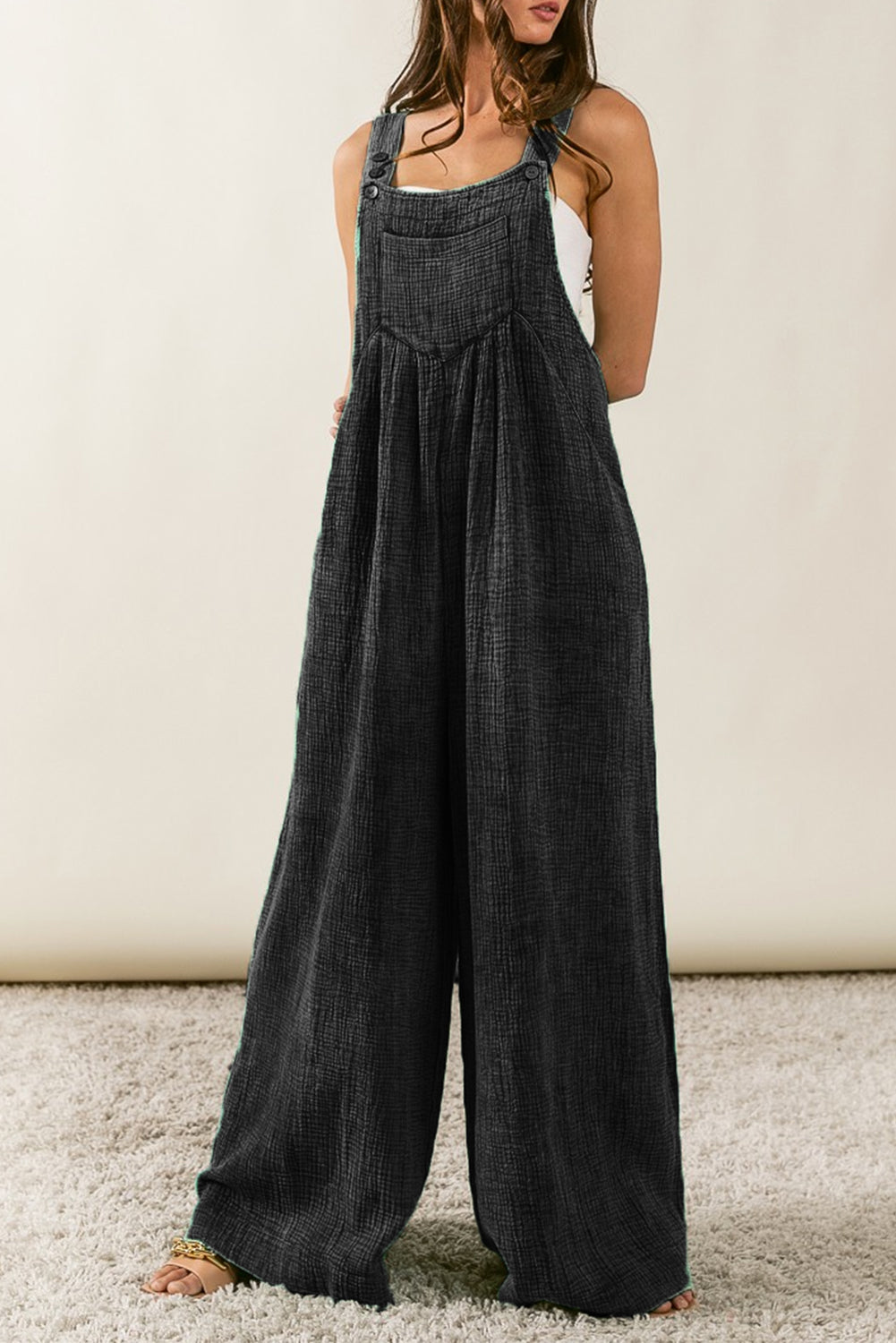 Gauze Wide Leg Pocketed Overalls