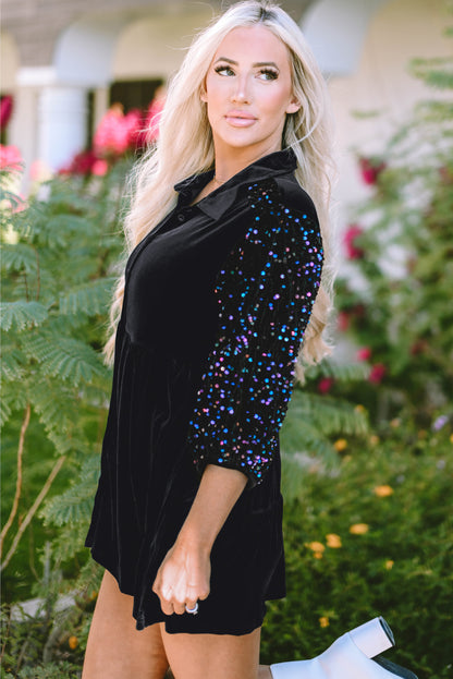 Velvet Sequin Puff Sleeve Buttoned Peplum Shirt