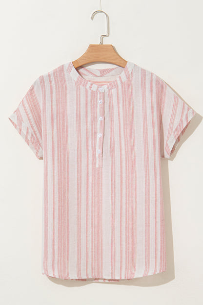 Stripe Half Buttoned Short Sleeve Blouse