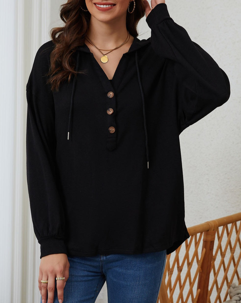 Half Buttoned High Low Hoodie