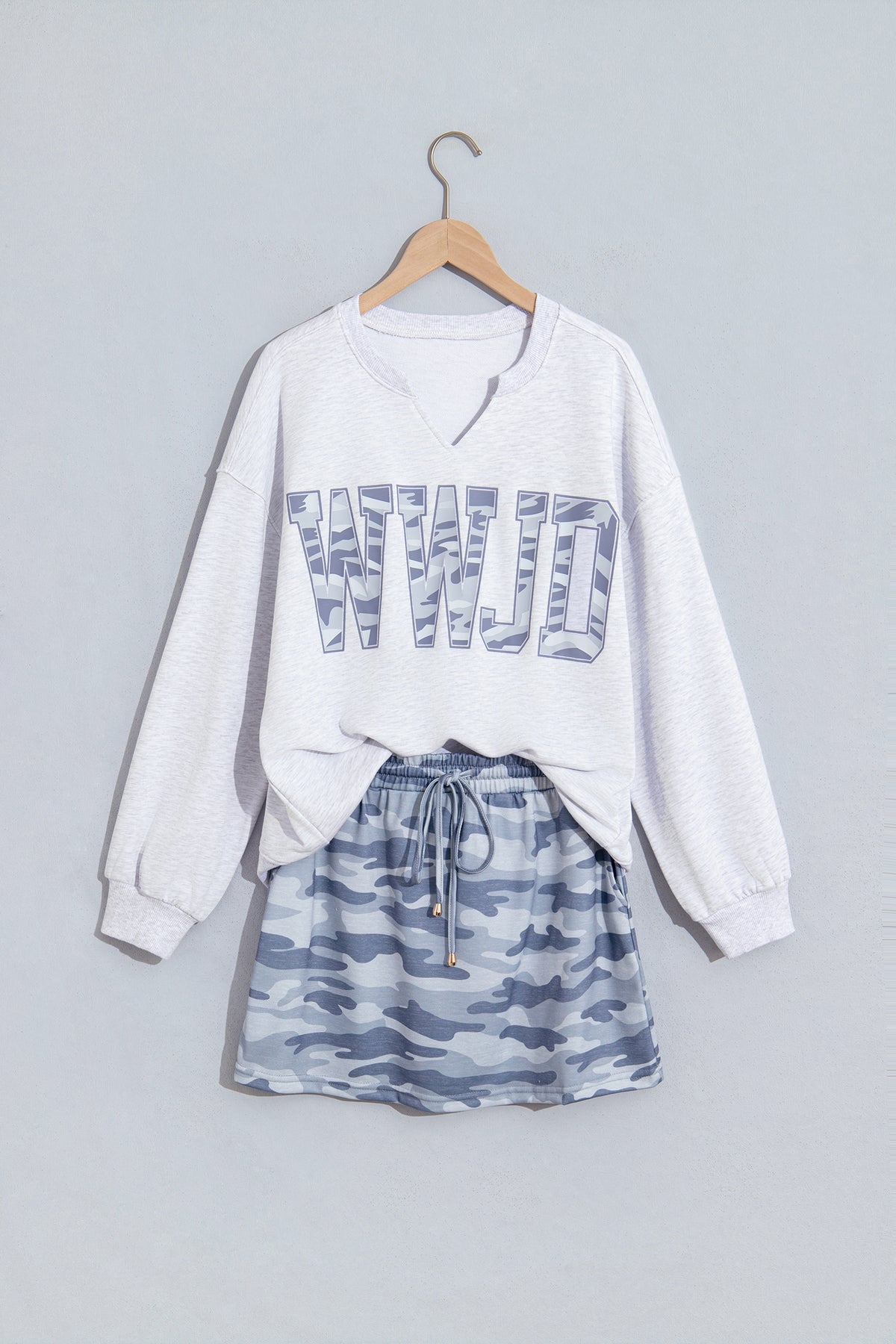 WWJD Camo Letter Print Long Sleeve Top & Skort Set