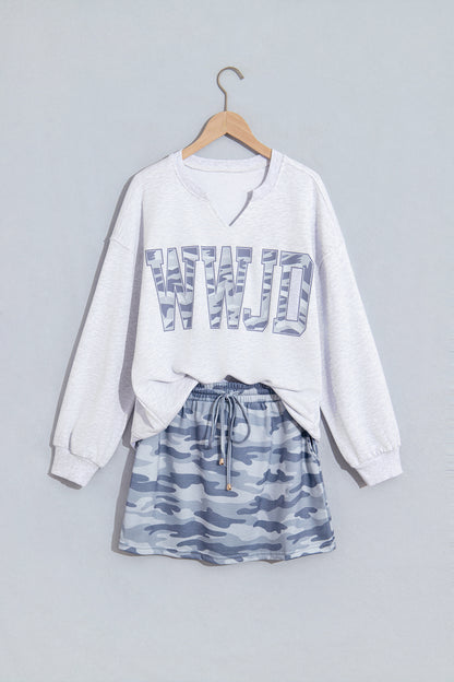 WWJD Camo Letter Print Long Sleeve Top & Skort Set