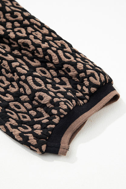 Leopard Contrast Trim Puffy 3/4 Sleeve Top