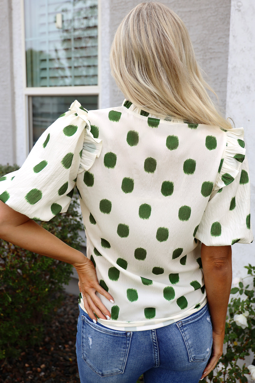 Polka Dot Shirred Notched Neck Balloon Sleeve Blouse
