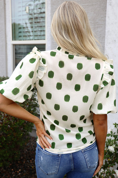 Polka Dot Shirred Notched Neck Balloon Sleeve Blouse