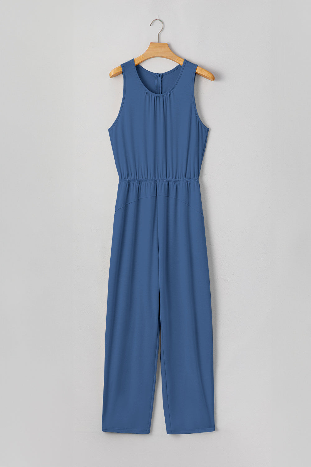 Solid Pleated Detail Sleeveless Elastic Waist Jumpsuit