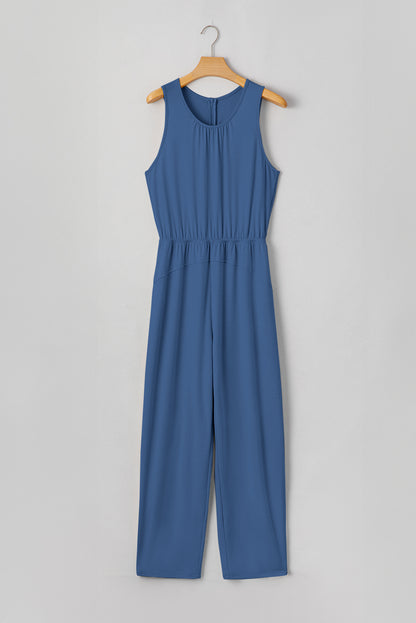 Solid Pleated Detail Sleeveless Elastic Waist Jumpsuit