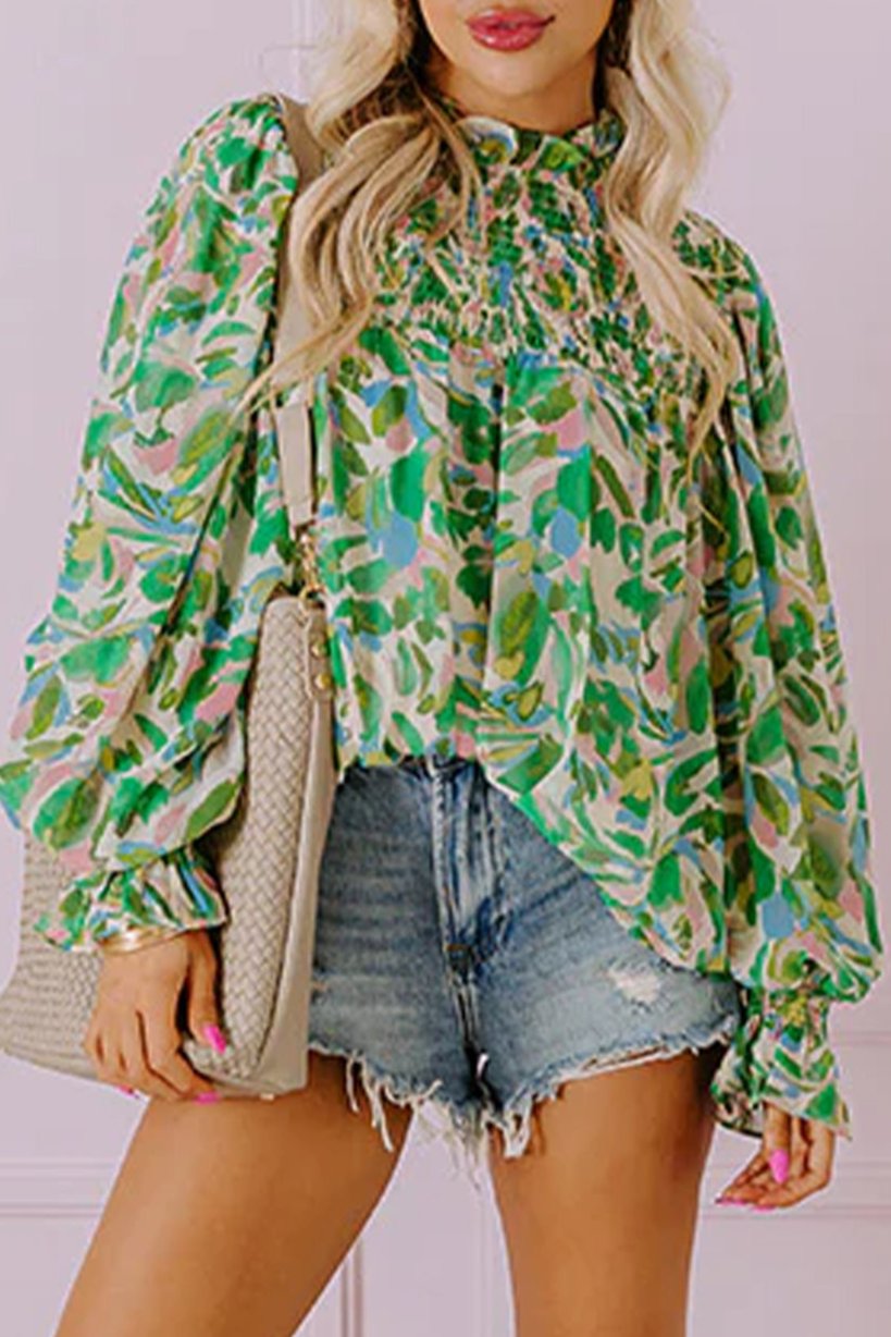 Abstract Floral Flounce Sleeve Blouse