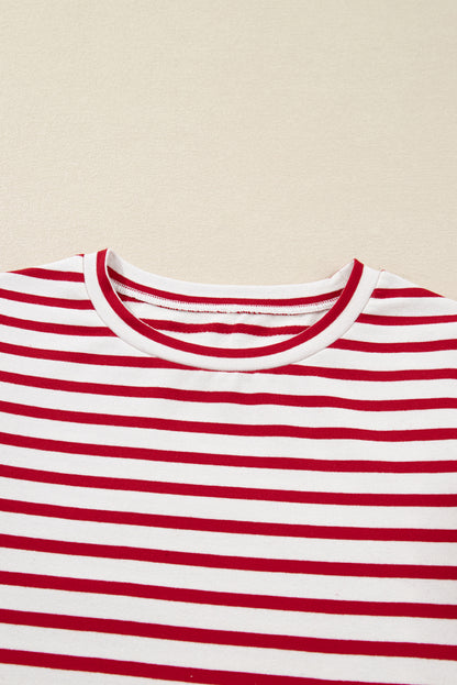 Stripe Round Neck Ruffle Trim Long Sleeve Top