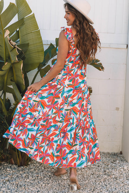 Floral Boho Ruffle Strap V-Neck Maxi Dress
