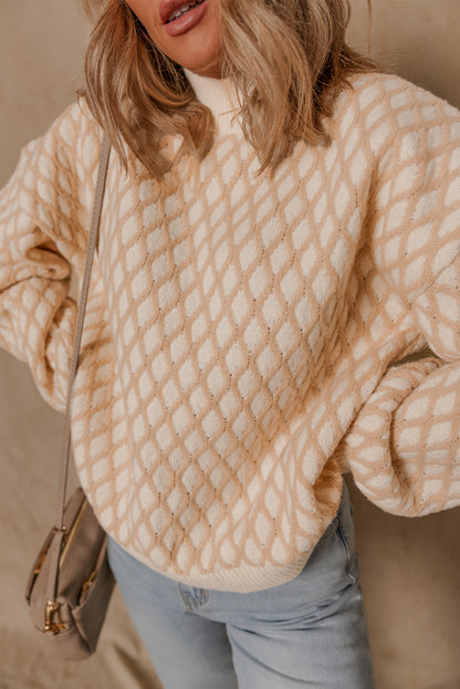 Rhombus Textured Knit Mock Neck Sweater
