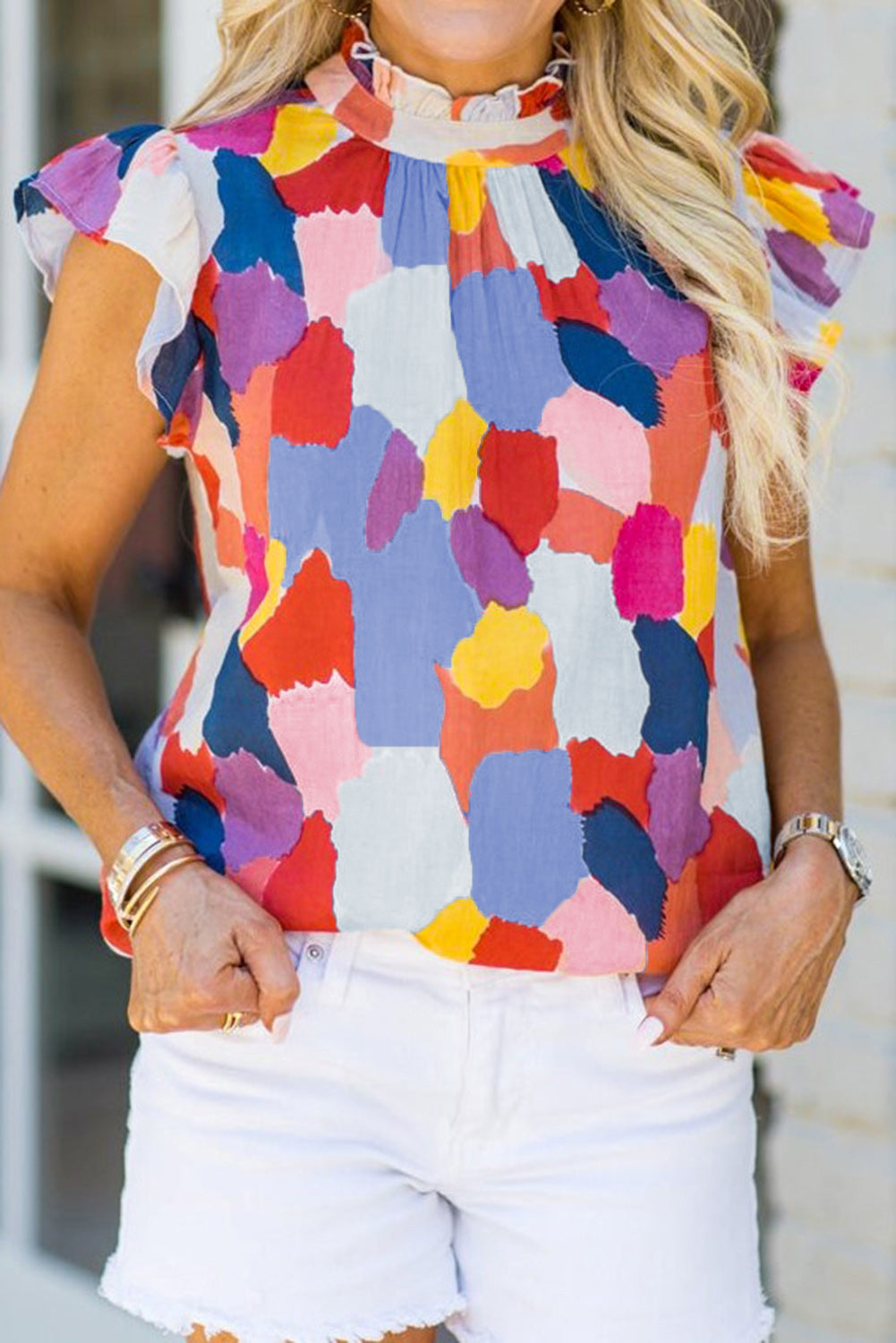 Abstract Ruffle Mock Neck Top