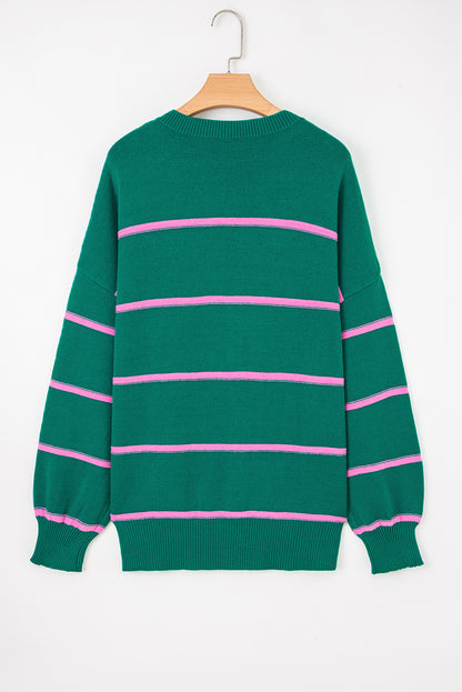 Plus Size Stripe Half Button Drop Shoulder Sweater
