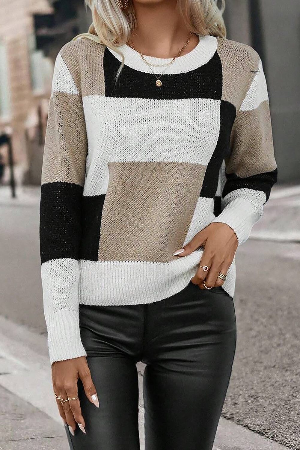 Colorblock Plaid Long Sleeve Sweater