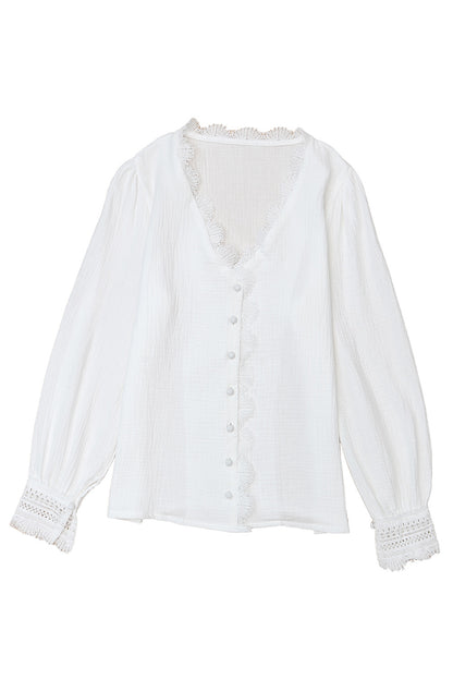 Lace Trim Deep V-Neck Blouse