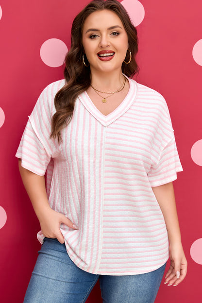 Plus Size Stripe Patchwork V-Neck T-Shirt