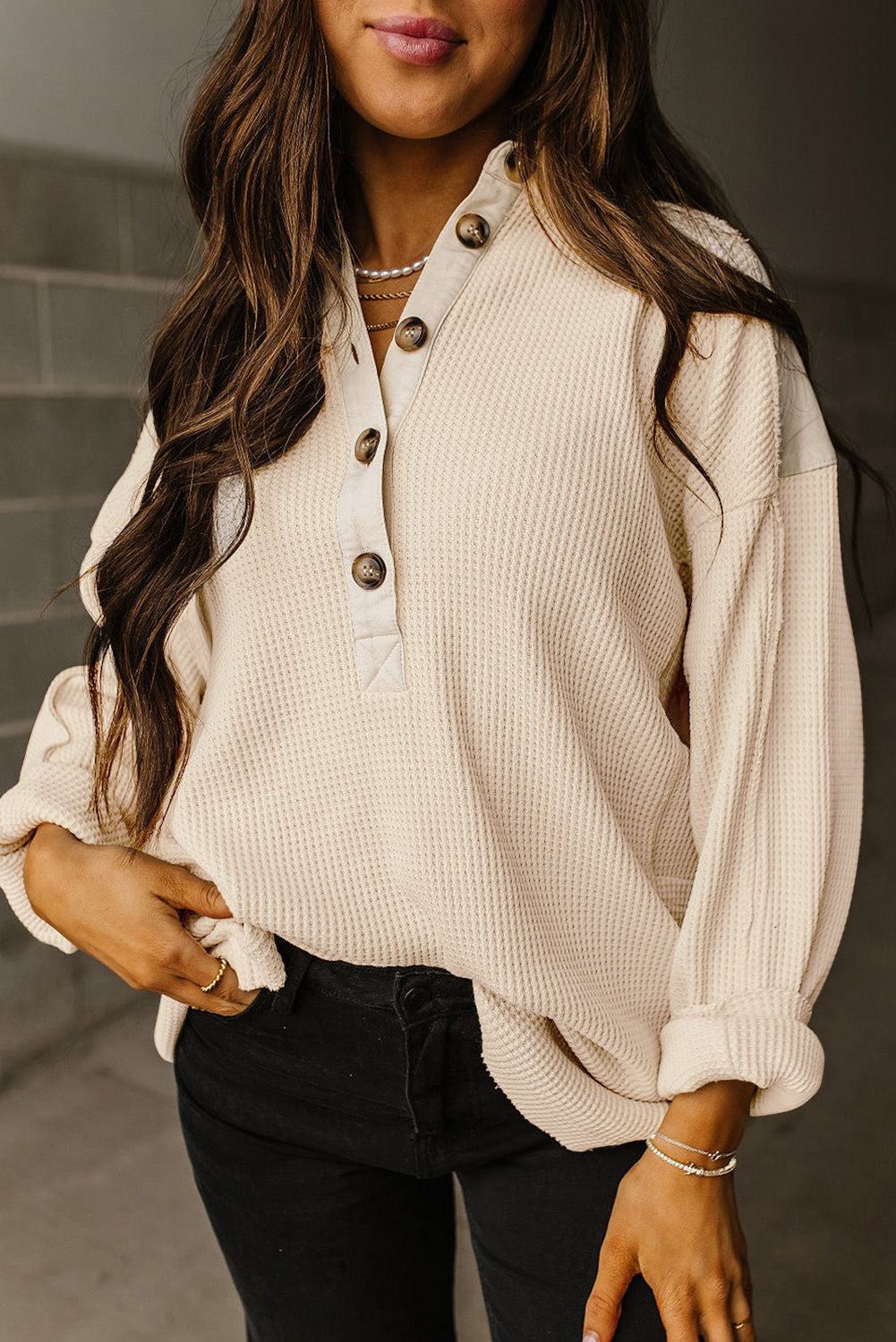 Waffle Long Sleeve Collar Top