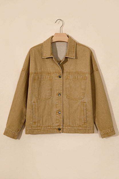 Solid Denim Long Sleeve Buttoned Collar Jacket