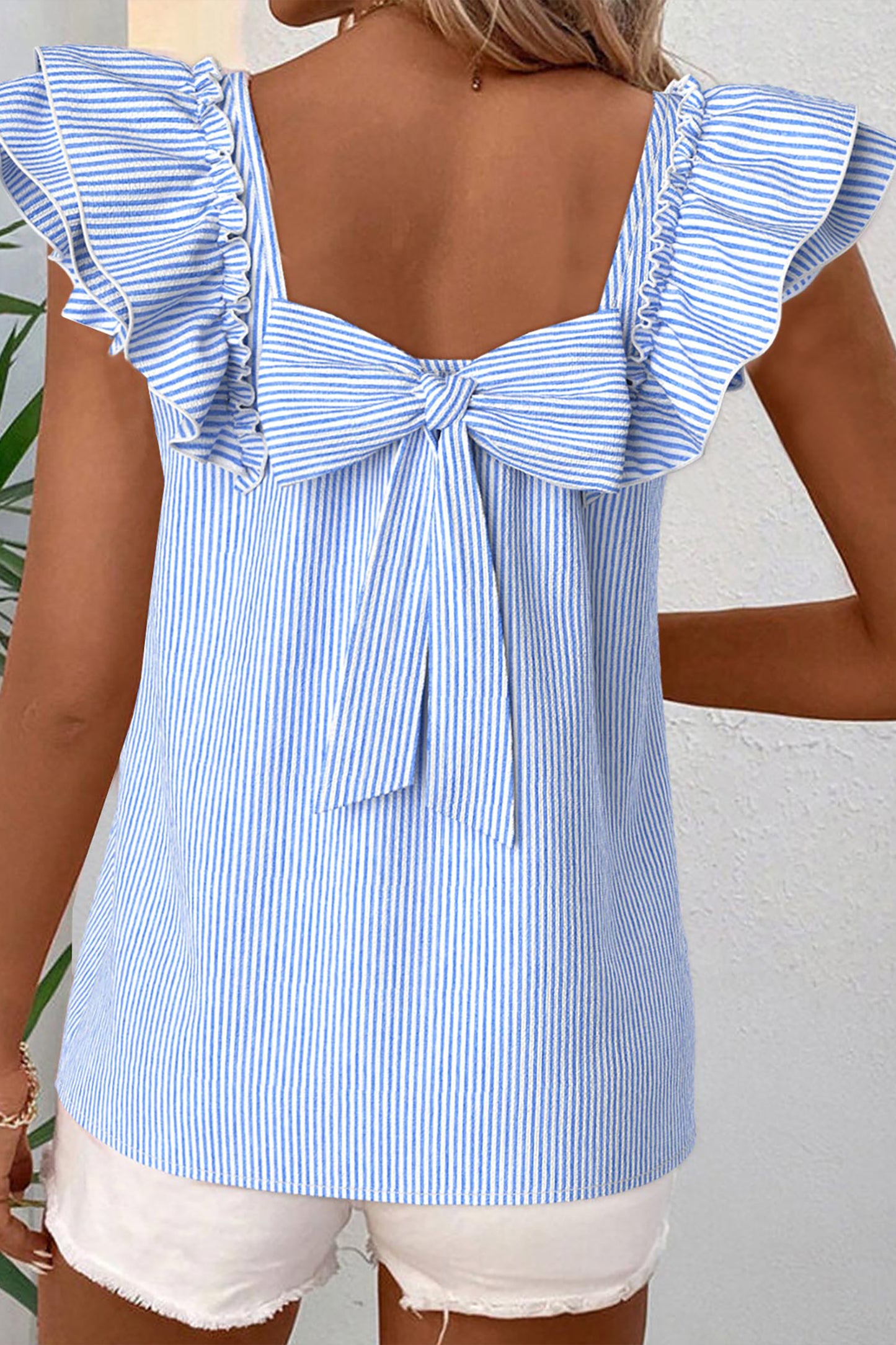 Stripe Bow Square Neck Ruffle Sleeve Blouse