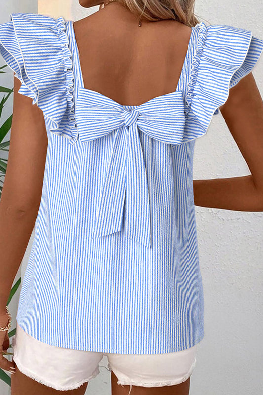 Stripe Bow Square Neck Ruffle Sleeve Blouse