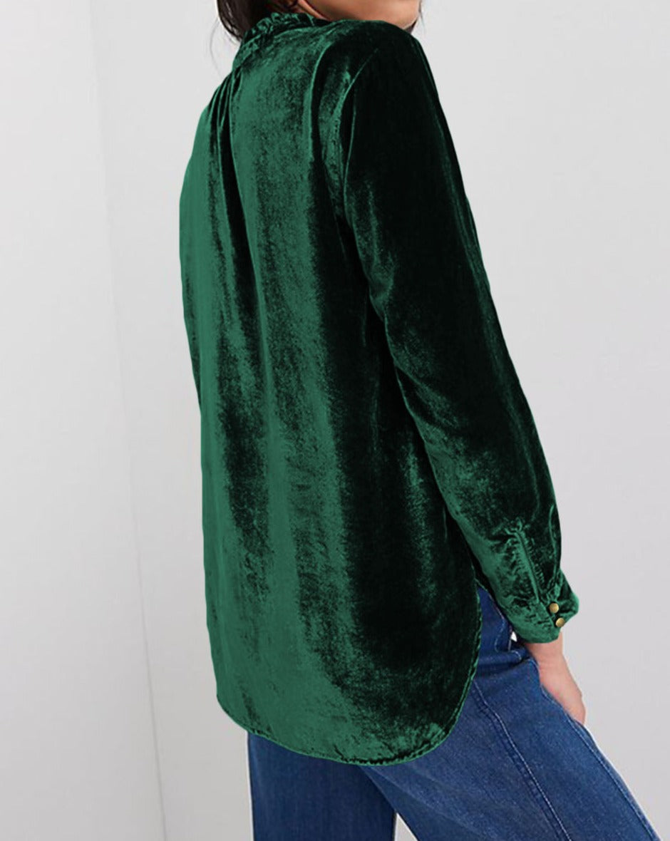 Velvet Frilled Neck Buttoned Top