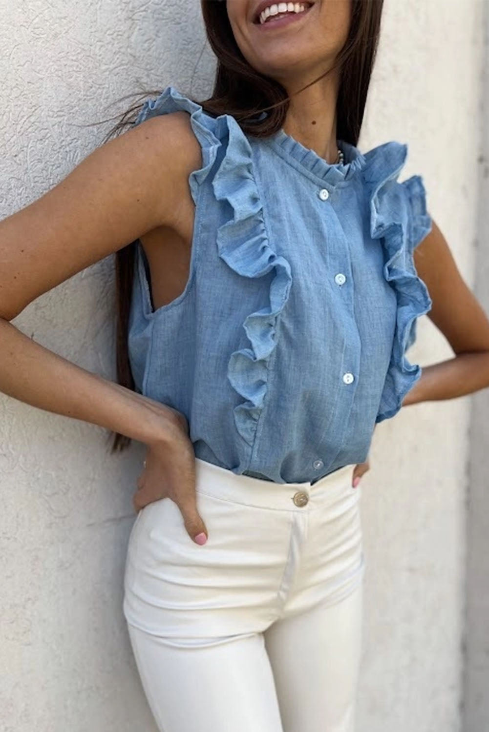 Ruffle Trim Sleeveless Buttoned Shirt