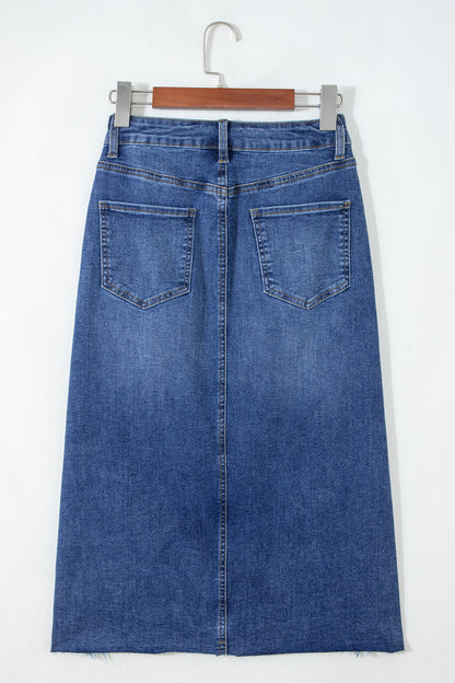 Denim Asymmetrical Distressed Midi Skirt