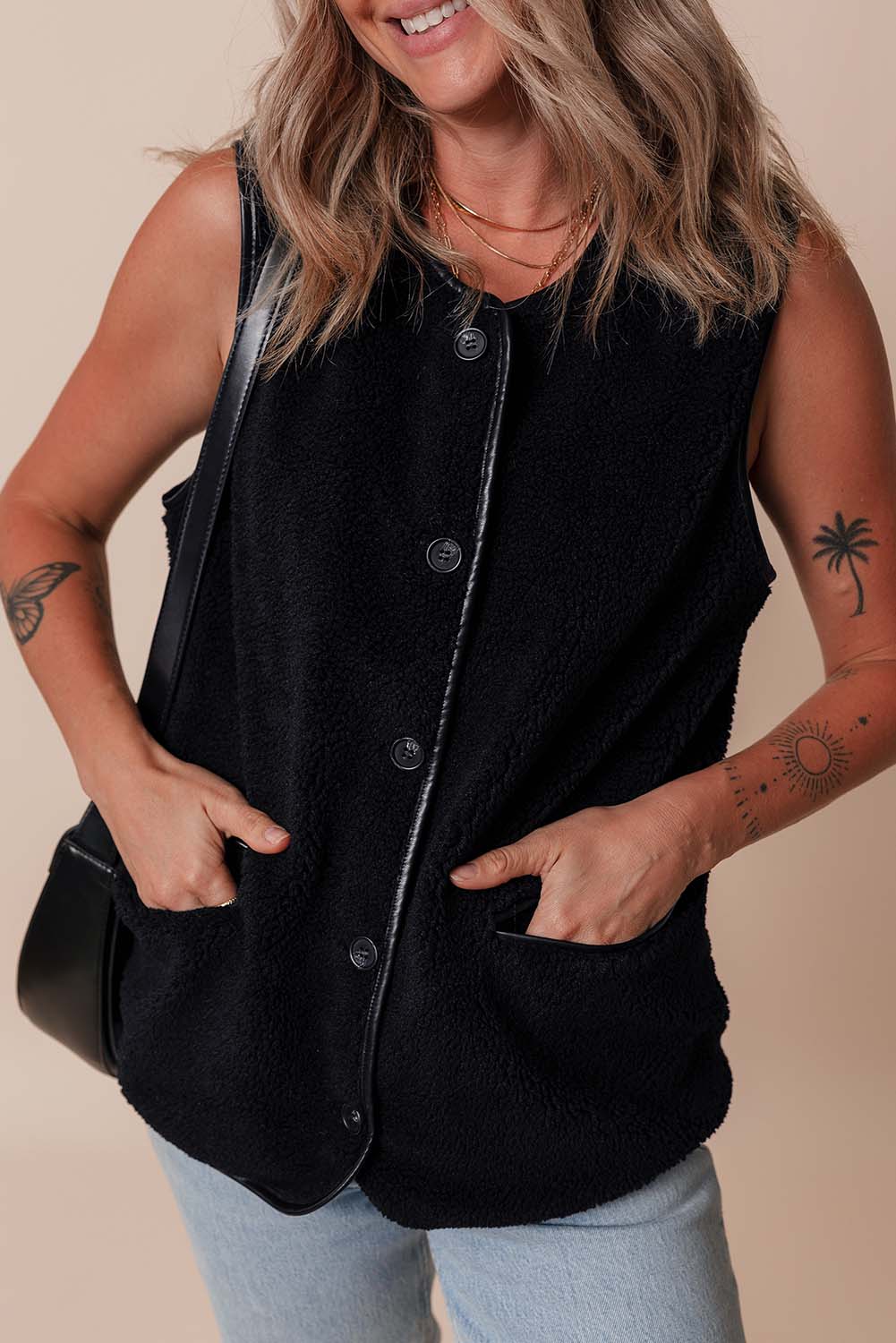 Fleece Leather Contrast Buttoned Vest