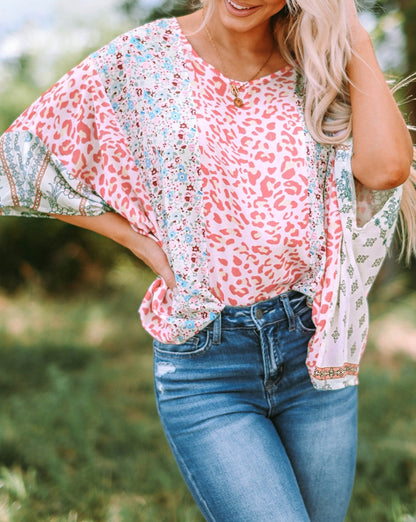 Floral Leopard Colorblock V-Neck Top