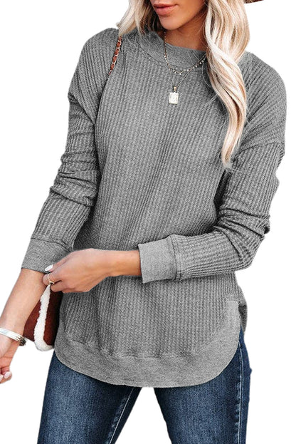 Waffle Ribbed Trim Crewneck Top