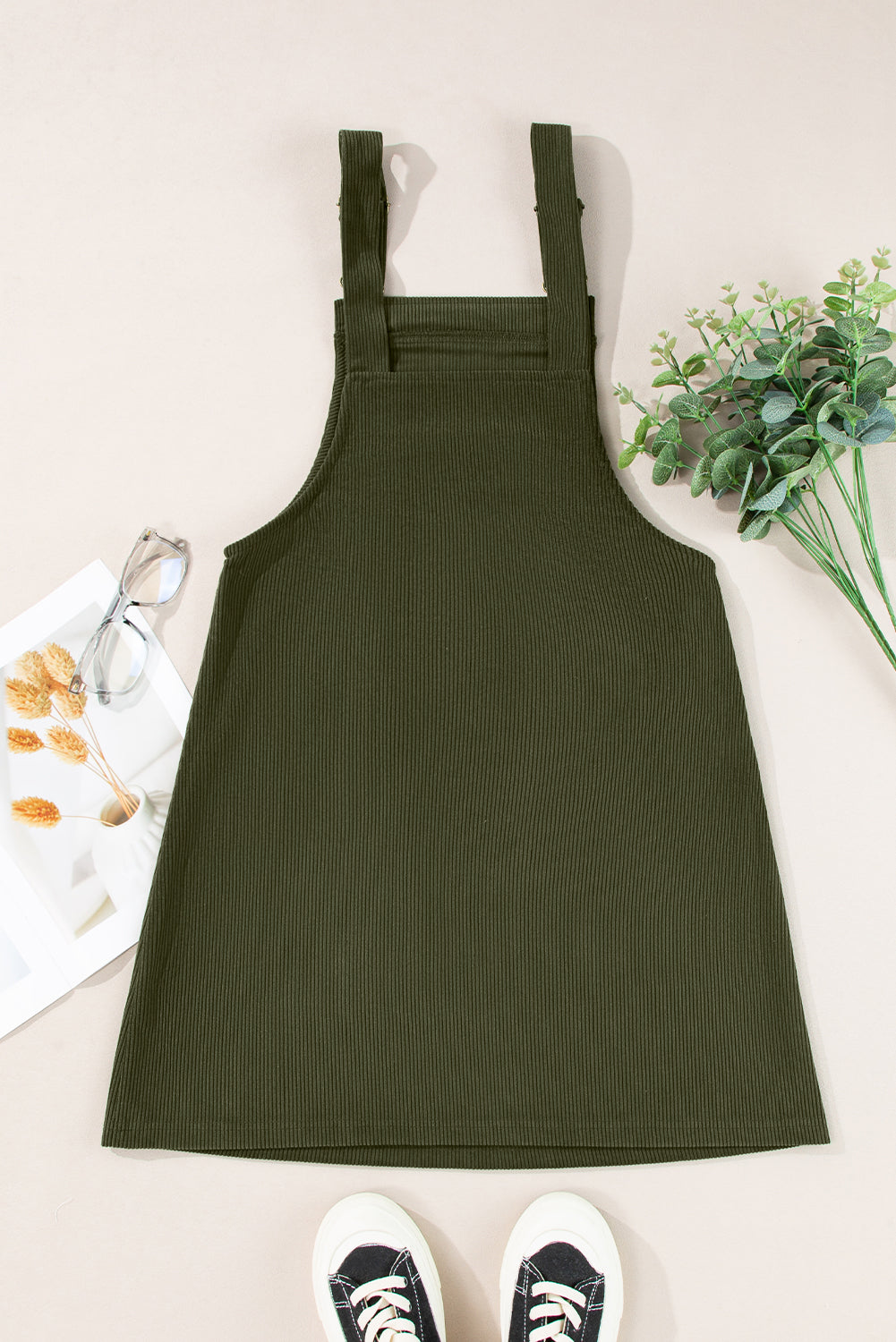 Solid Corduroy Sleeveless Overall Dress