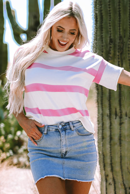 Stripe Knit Dropped Short Sleeve Sweater