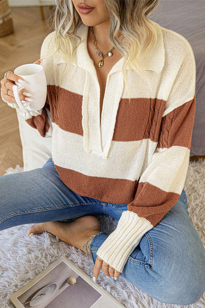 Stripe Cable Knit Collared Sweater