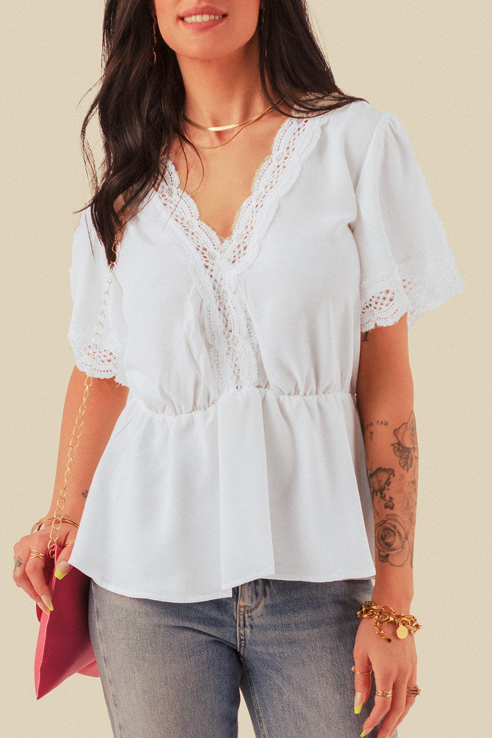 Lace Trimmed Short Sleeve Blouse