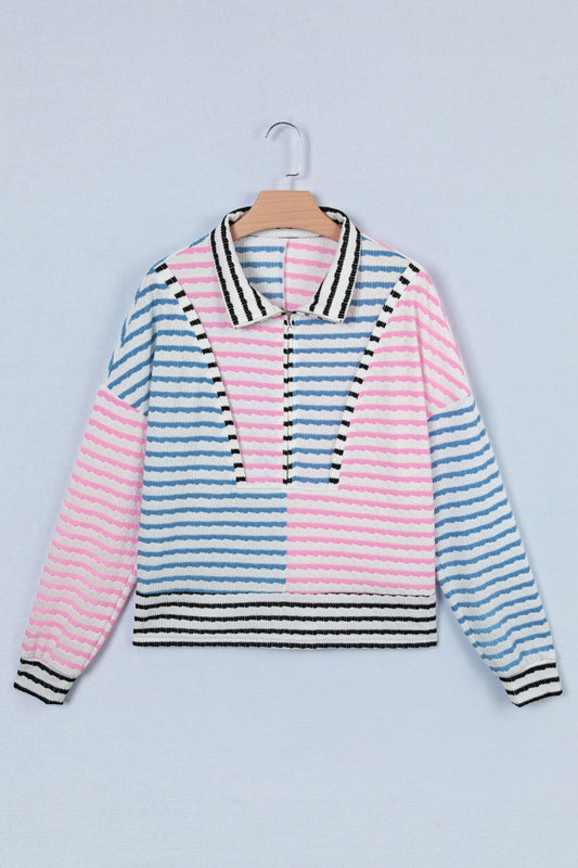 Stripe Colorblock Patchwork Half-Zip Long Sleeve Top