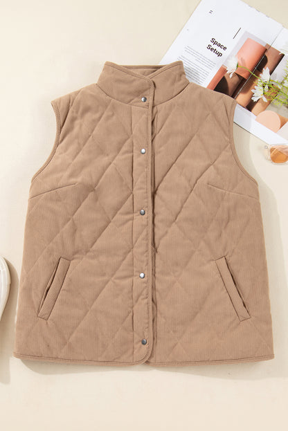 Plus Size Quilted Corduroy Snap Button Vest Jacket