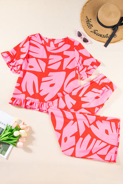 Abstract Palm Ruffle Top and Pants Set