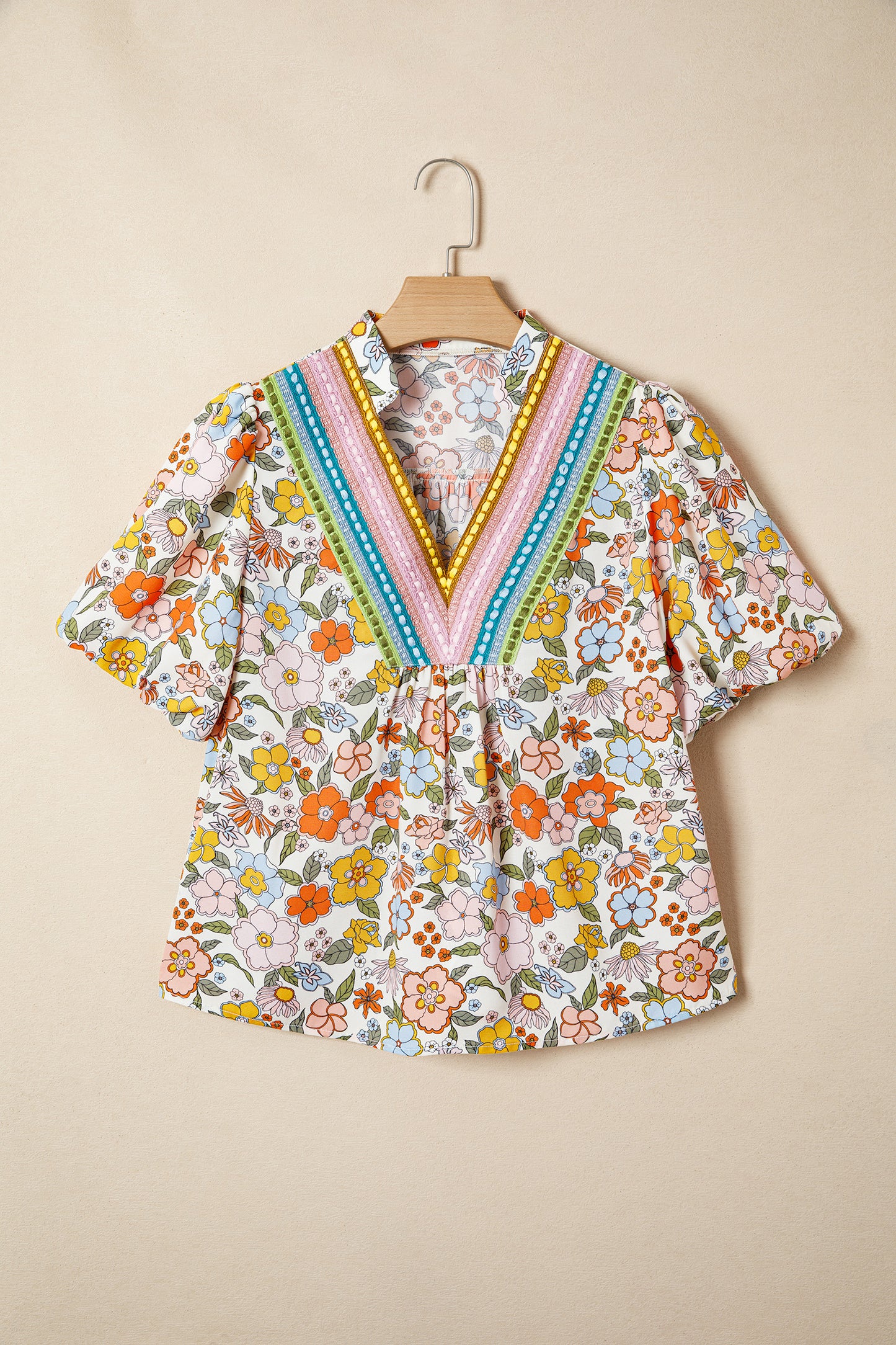 Boho Floral Crochet V-Neck Puff Sleeve Blouse