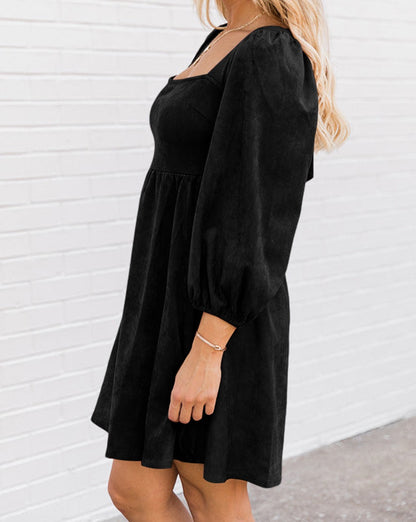 Suede Shirred Puff Sleeve Dress