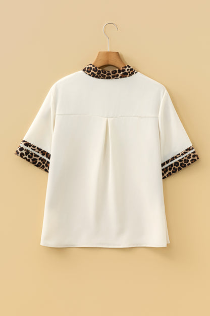 Leopard Patchwork Trim Split Neck Blouse