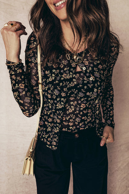 Black Floral Print Mesh Tank Button Front Slim Cardigan 2pcs Set