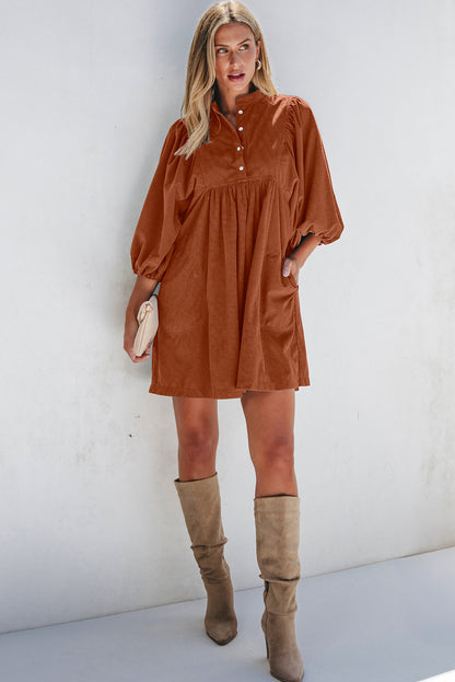 Solid Corduroy 3/4 Sleeve Snap Button Dress