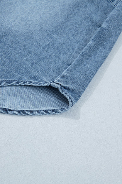Denim Frilled Short Sleeve Snap Button Shirt